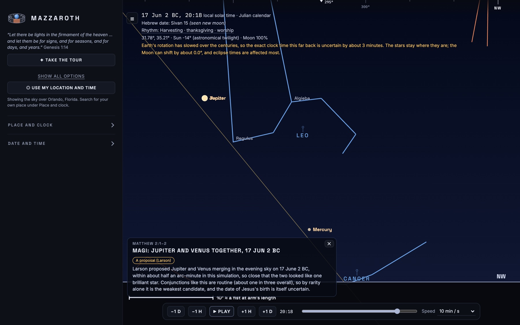 Jupiter and Venus close together in the evening sky of 17 June 2 BC