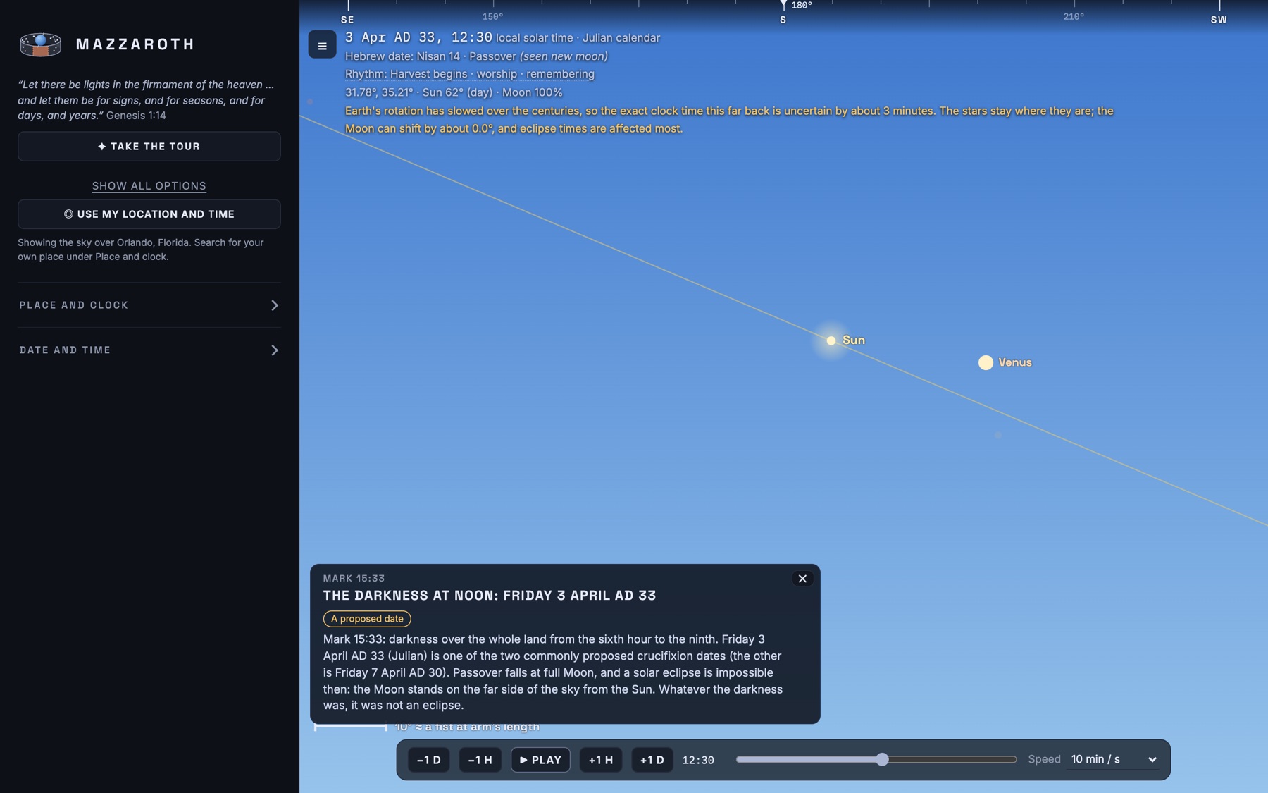The darkness at noon, Friday 3 April AD 33, with the Sun and Venus in a daytime sky