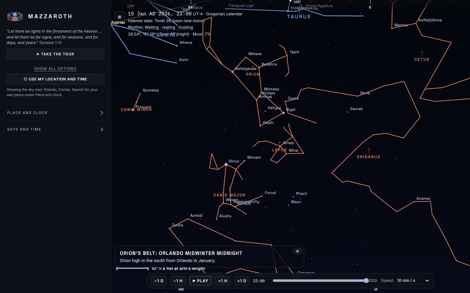 Mazzaroth showing Orion and its neighbours from Orlando at midwinter midnight, with constellation figures and star names