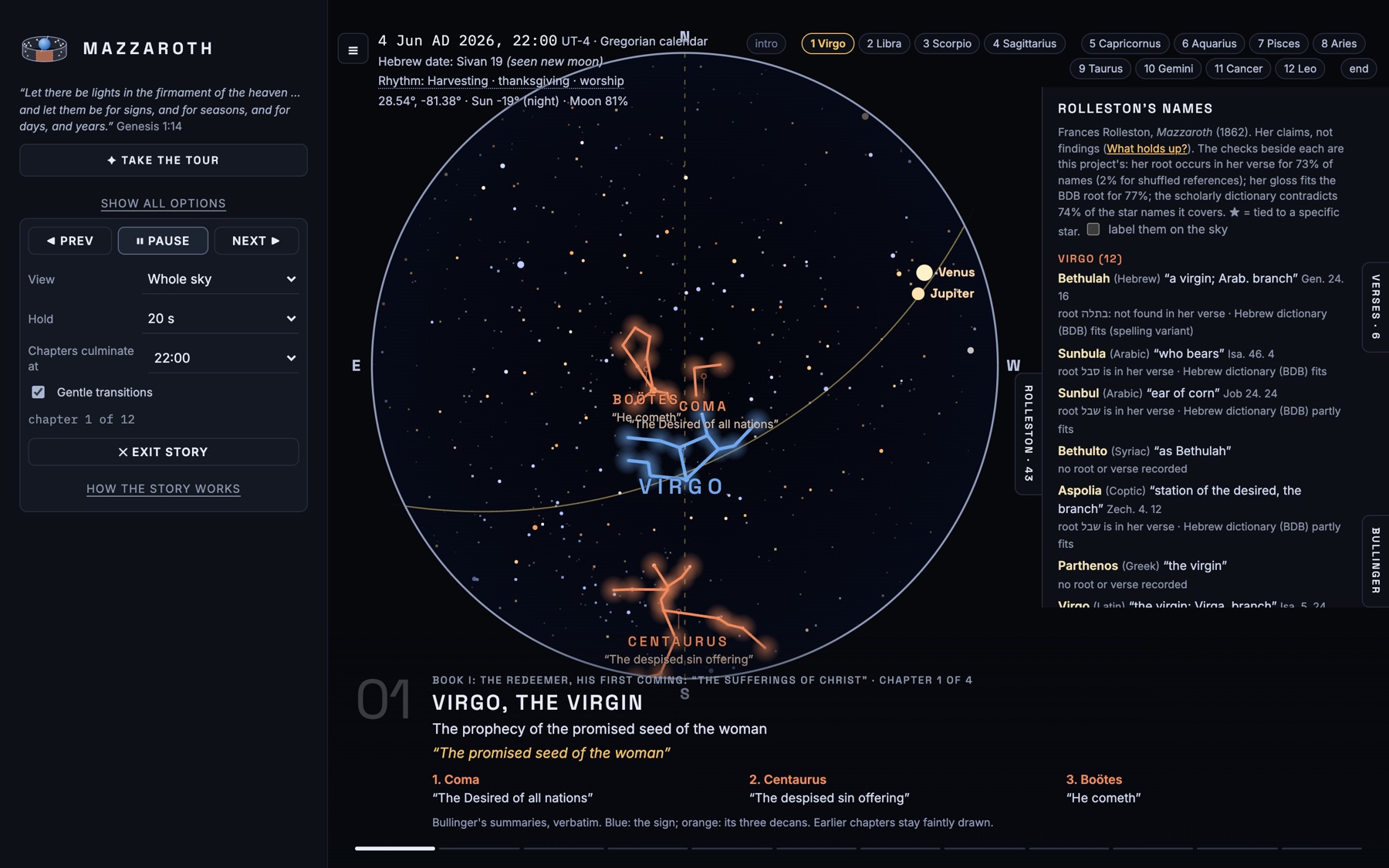 Rolleston's Names panel listing star names for Virgo with their languages and meanings
